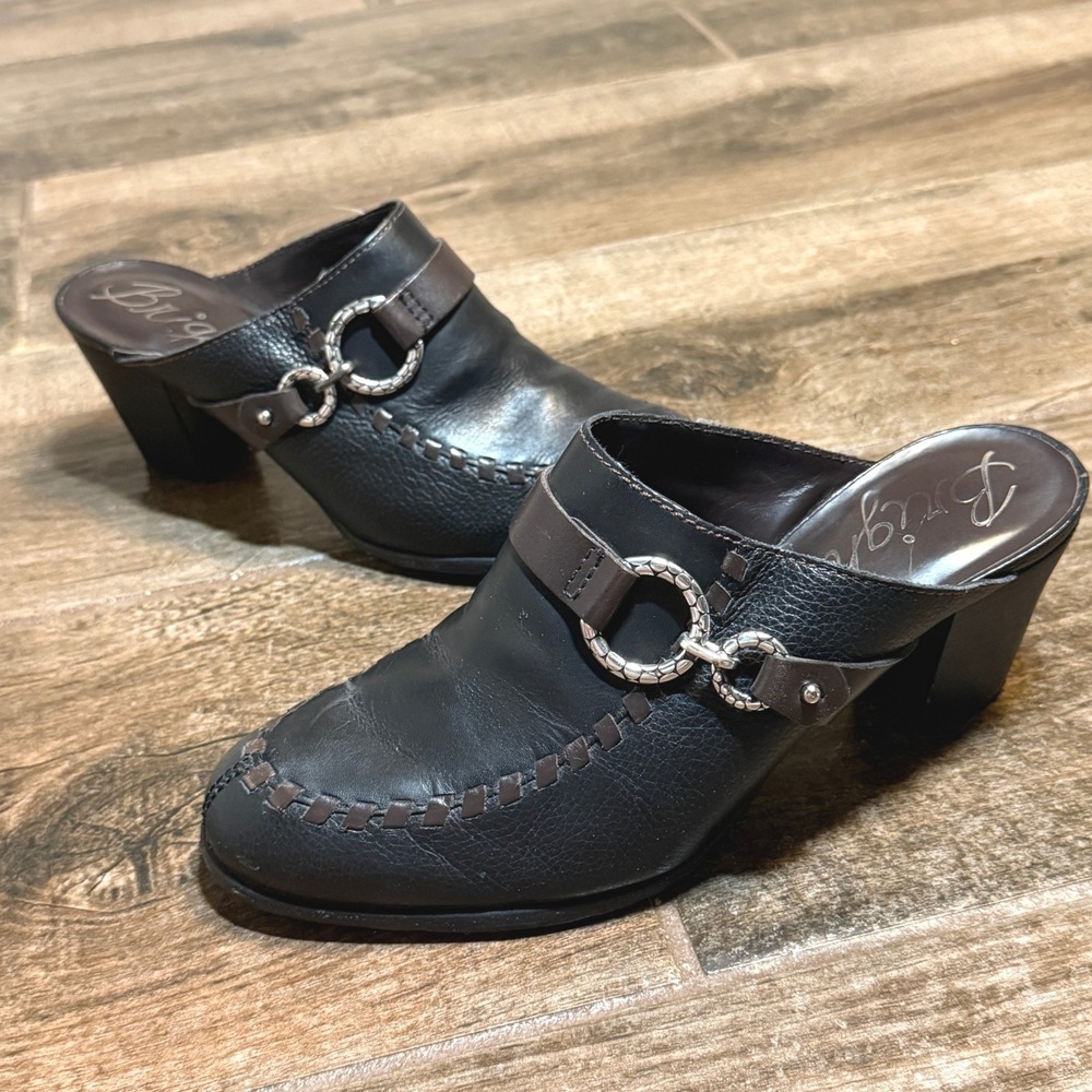 Brighton Vintage Gemini Pebbled Leather Horsebit Block Heel Mules, Black Brown,8 - Picture 1 of 10